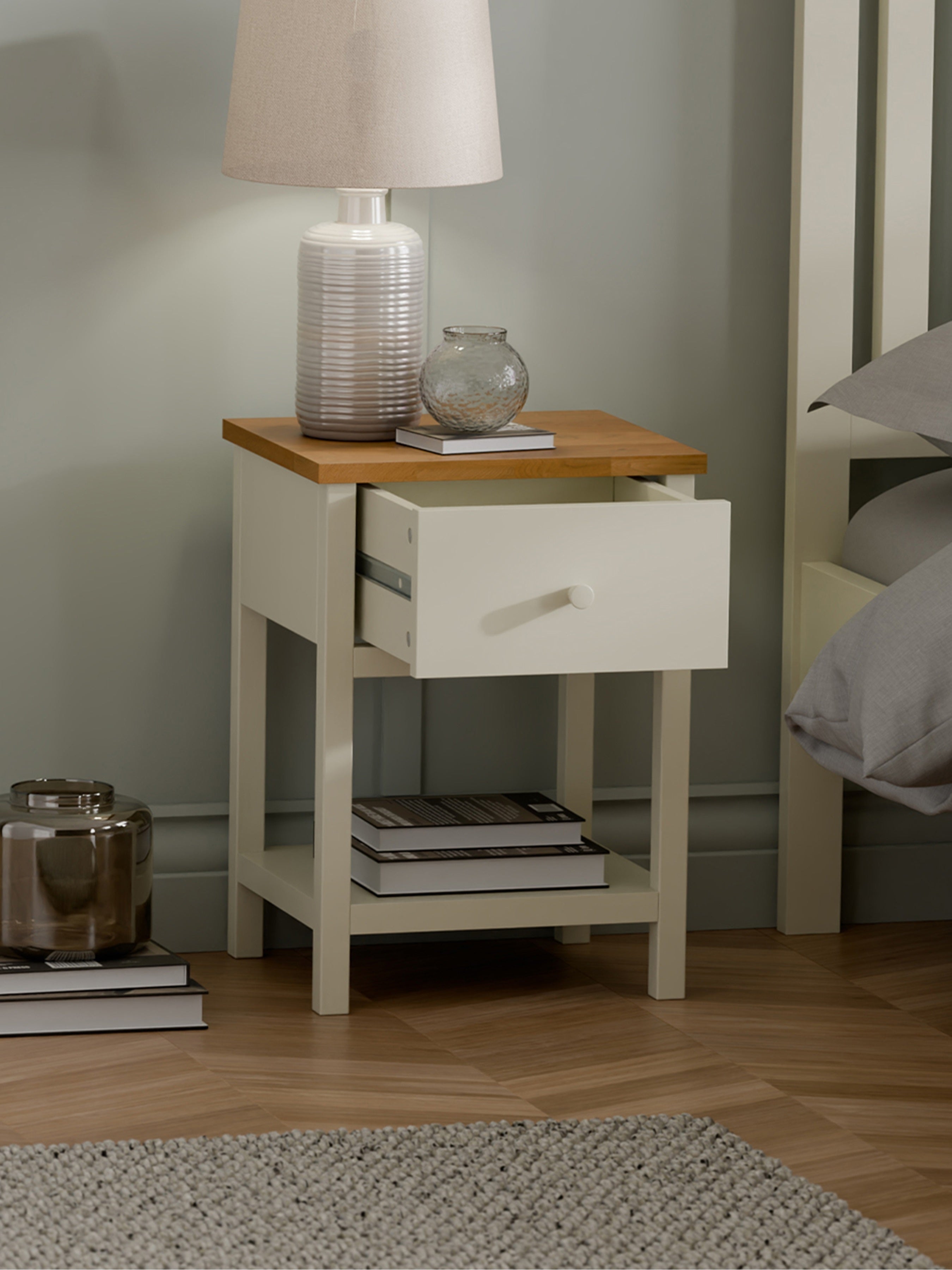 Osborne Solid Oak Wood Ivory Bedside Table | 1 Drawer